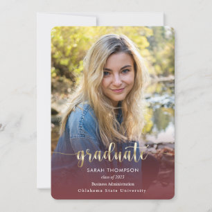 Trendy Script Burgundy Photo Collage Graduation Announcement