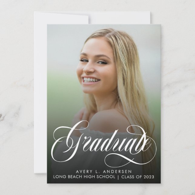 Trendy Script Calligraphy White Overlay Graduation Announcement (Front)