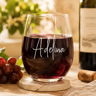 Trendy Script Custom Name Wedding Bridesmaid Favou Stemless Wine Glass