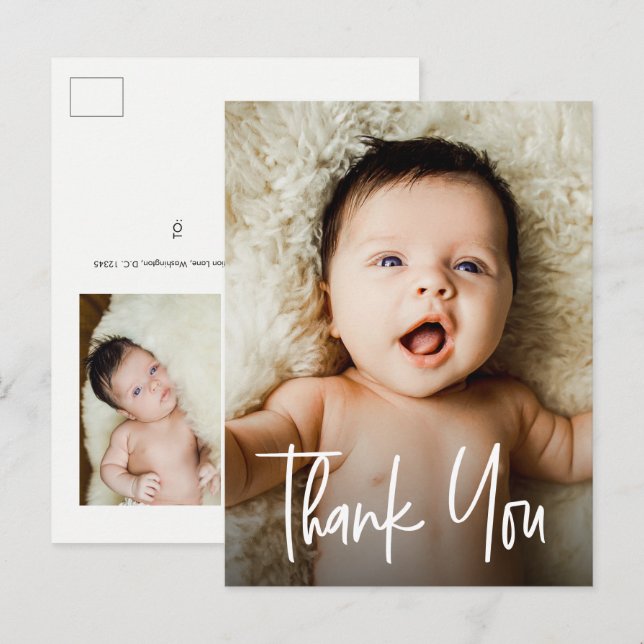 Trendy Script Custom Photos Baby Thank You Postcard (Front/Back)