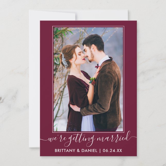 Trendy Script Getting Married Burgundy Save The Date (Front)