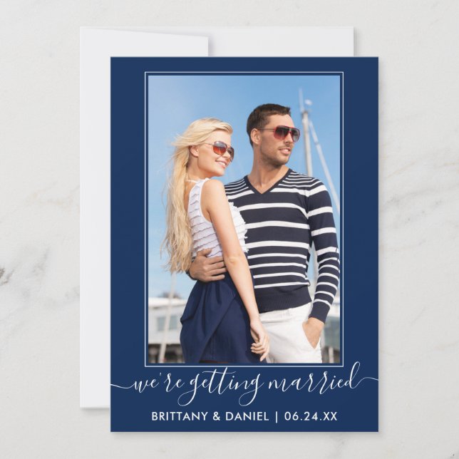 Trendy Script Getting Married Navy Blue Save The Date (Front)