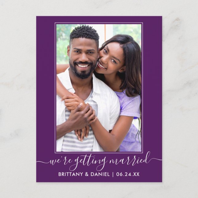 Trendy Script Getting Married Purple Save The Date Postcard (Front)