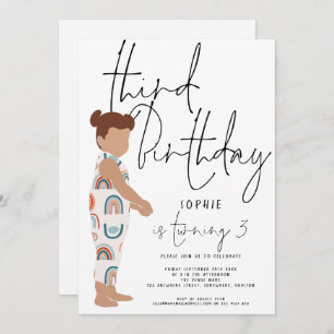 Trendy Script Girl Rainbows Cool Kids 3rd birthday Invitation