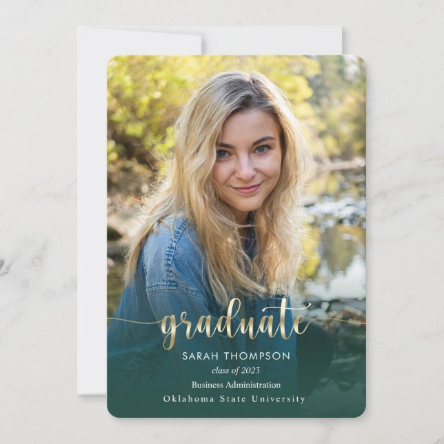 Trendy Script Gold Green Photo Collage Graduation Announcement (Front)