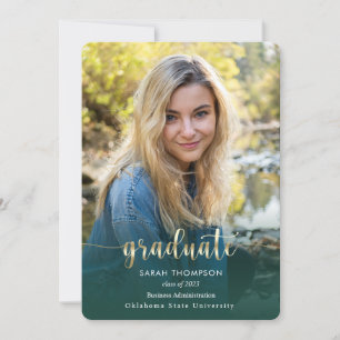 Trendy Script Gold Green Photo Collage Graduation Announcement