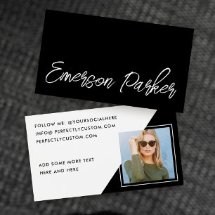 Trendy script influencer black photo profile card