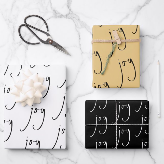 Trendy Script Joy Pattern Gold Black White Wrapping Paper Sheet (Front)