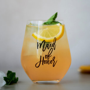 Trendy Script "Maid of Honour" Personalised Stemless Wine Glass