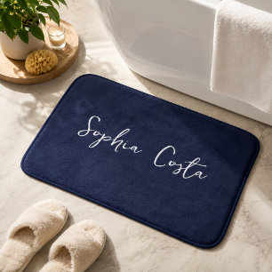 Trendy Script Modern Custom Signature Name Blue Bath Mat