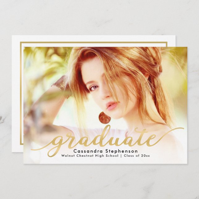 Trendy Script Modern Gold Photo Graduation Invitation (Front/Back)
