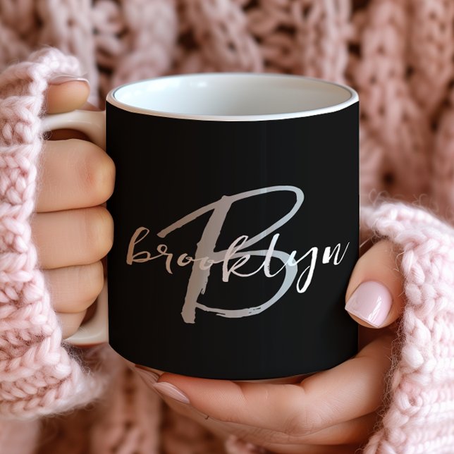 Trendy Script Monogram Black White Grey Coffee Mug (Creator Uploaded)