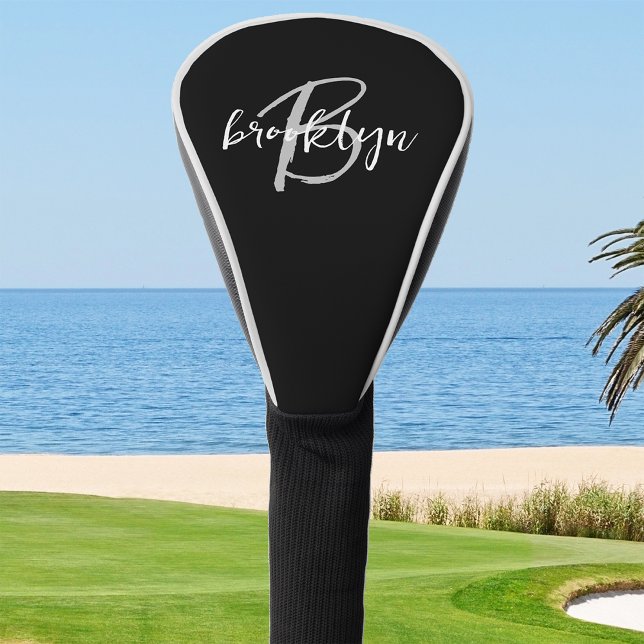 Trendy Script Monogram Black White Grey Golf Head Cover (Creator Uploaded)