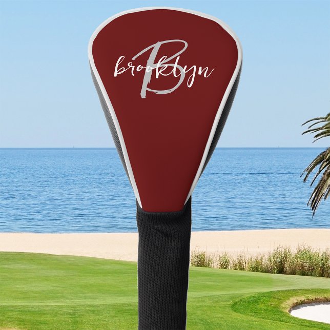 Trendy Script Monogram Burgundy Grey White Golf Head Cover (Creator Uploaded)