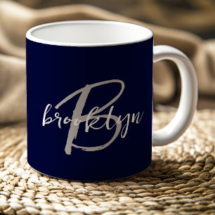 Trendy Script Monogram Navy Blue Grey White Coffee Mug