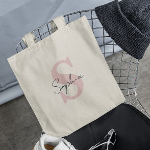 Trendy Script Name With Pink Initial Monogram Tote Bag