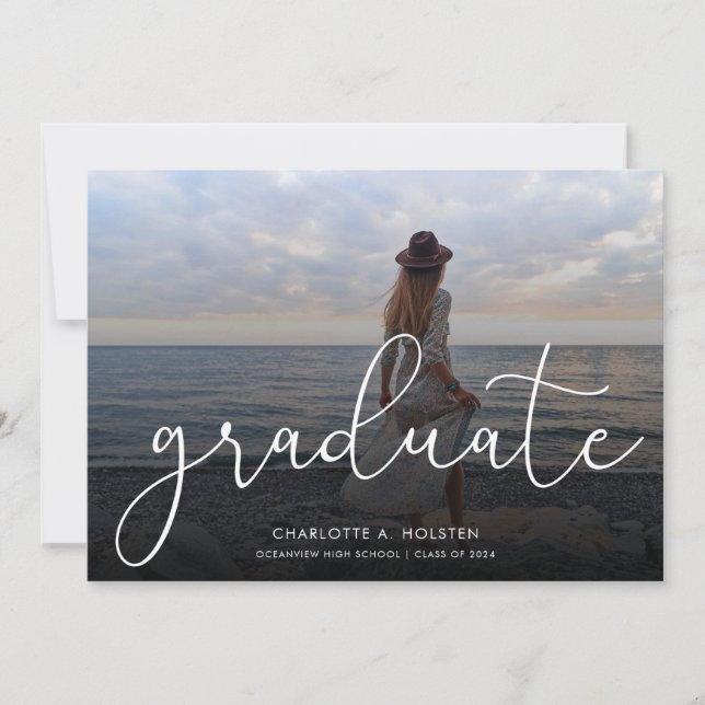 Trendy Script Overlay Multi Photo Graduation  Announcement (Front)