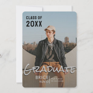 Trendy Script Overlay Silver    Photo Graduation Announcement