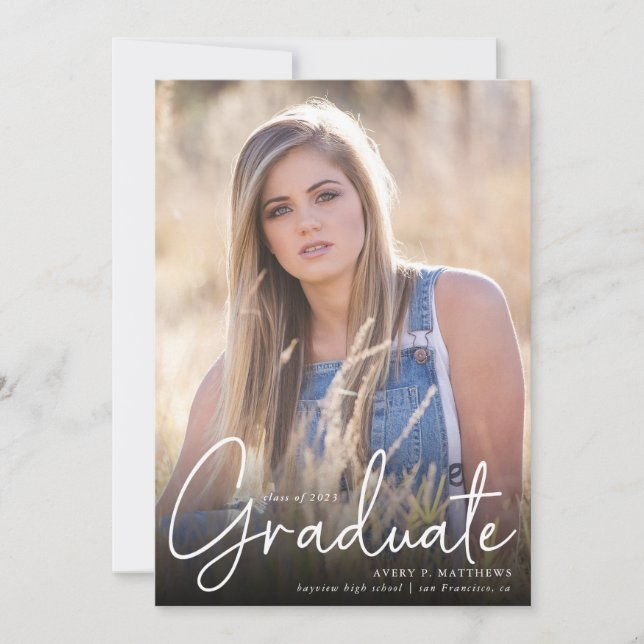 Trendy Script Overlay Three Photo Graduation  Announcement (Front)