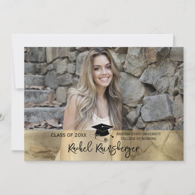 Trendy Script Overlay Three Photo Graduation Invitation (Front)