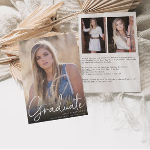 Trendy Script Overlay Three Photo Graduation Party Announcement