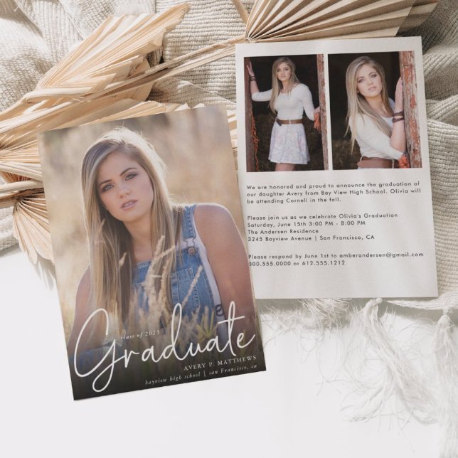 Trendy Script Overlay Three Photo Graduation Party Announcement (Creator Uploaded)