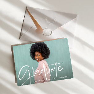 Trendy Script Overlay Two Photo Graduation Announcement