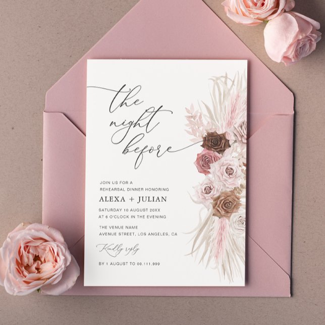 trendy script pampas dusty pink rehearsal dinner invitation (Creator Uploaded)