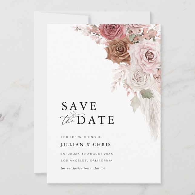 trendy script pampas dusty pink save the date card (Front)