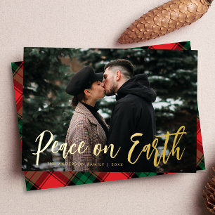 Trendy Script Peace on Earth Photo Foil Holiday Card