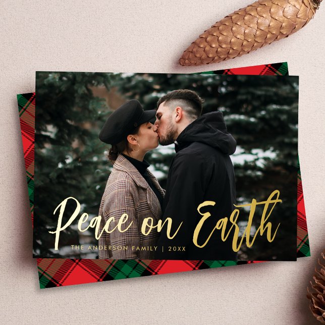 Trendy Script Peace on Earth Photo Foil Holiday Card (Creator Uploaded)