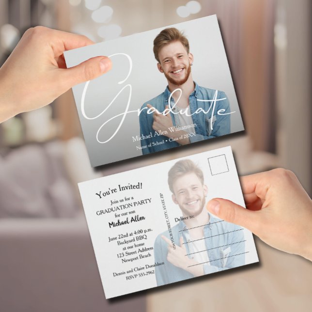 Trendy Script Photo Graduation Save the Date Postcard (Trendy Script Photo Graduation Save the Date Postcards)