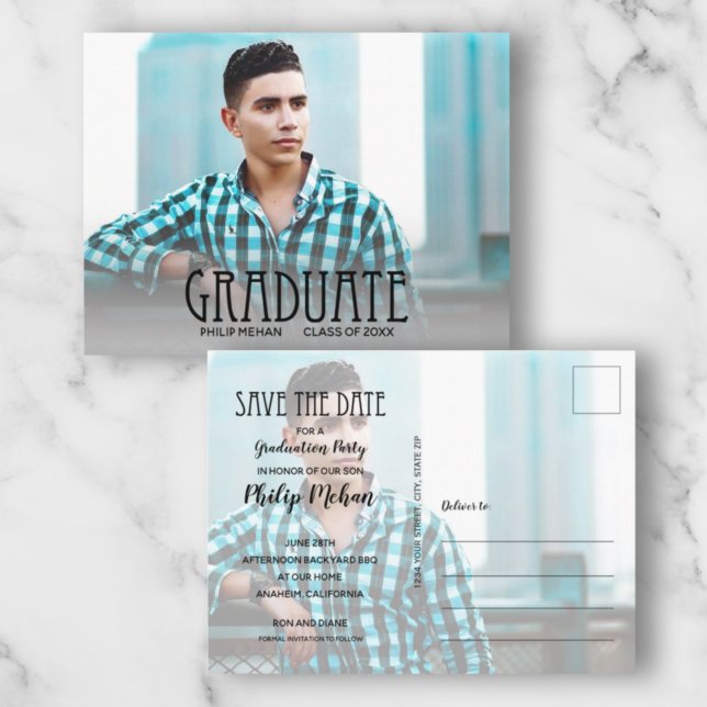Trendy Script Photo Graduation Save the Date Postcard (Creator Uploaded)