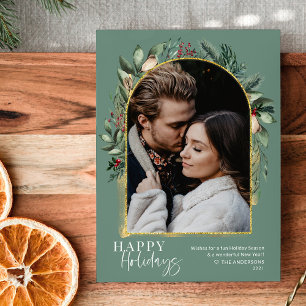 Trendy Script Sage Greenery Gold Arch Photo Holiday Card