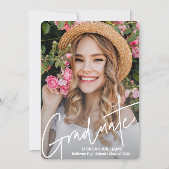 Trendy Script Text, Graduate Add Pic Graduation Announcement (Front)