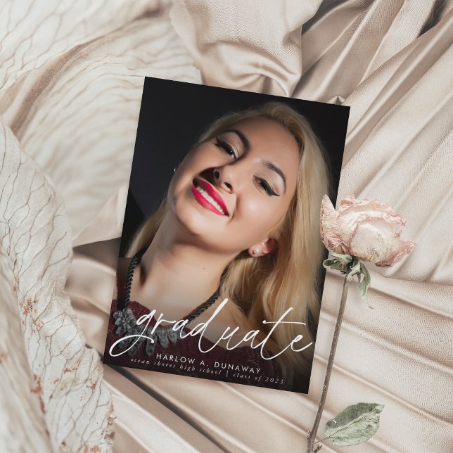 Trendy Script Two Photo Graduation Announcement Postcard (Creator Uploaded)