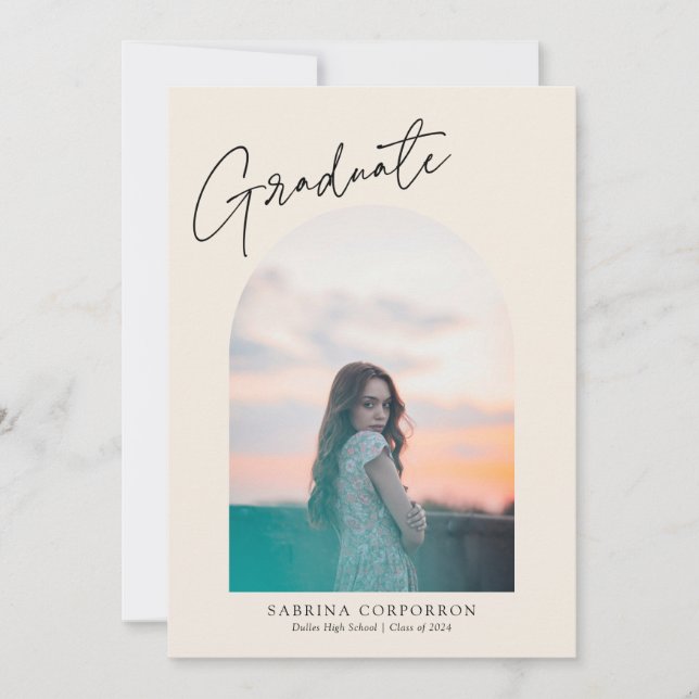 Trendy Script with Arch Two Photo Graduation  Announcement (Front)