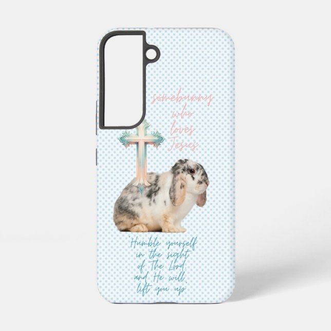 Trendy Scriptue Blue Dot Bunny Pastel Cross Samsung Galaxy S22 Case (Back)