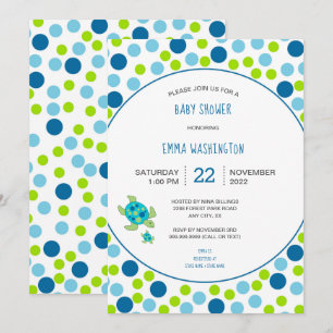 Trendy Sea Turtle baby shower blue green dots Invitation