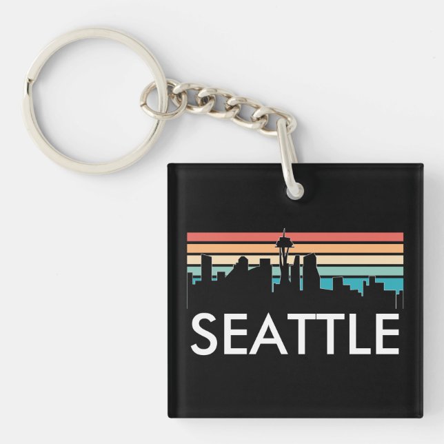 Trendy Seattle Washington Retro Sunset Skyline Key Ring (Front)