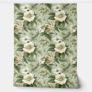 Trendy shabby chic floral green and ivory roses wallpaper