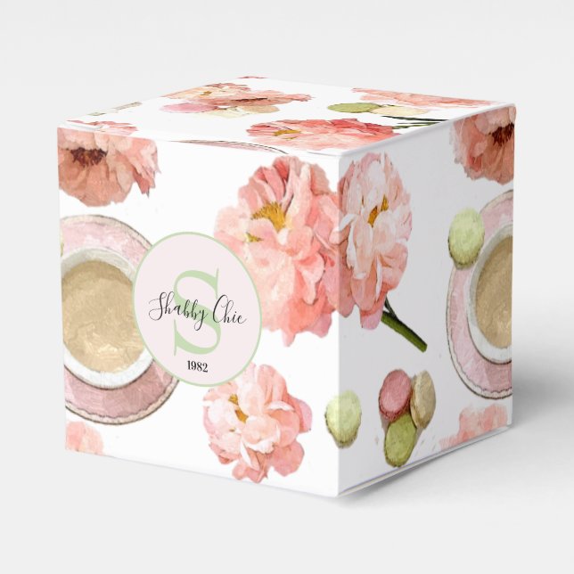Trendy Shabby Chic Peonies and Macarons Set Favour Box (Front Side)