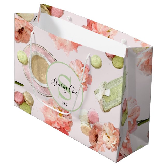 Trendy Shabby Chic Peonies and Macarons Set Large Gift Bag (Front Angled)