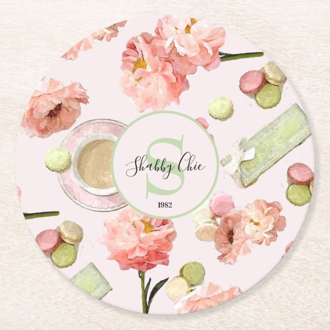 Trendy Shabby Chic Peonies and Macarons Set Round Paper Coaster (Front)