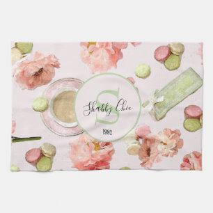 Trendy Shabby Chic Peonies and Macarons Set Tea Towel