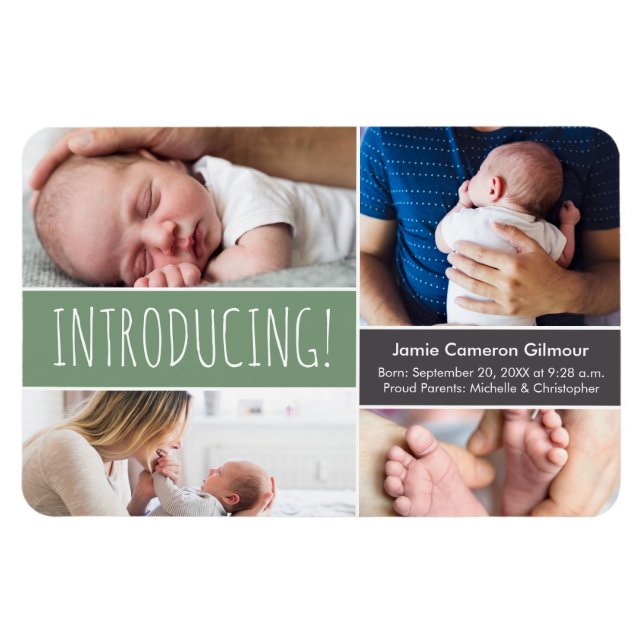 Trendy Shale Green Introducing Baby boy Photos  Magnet (Horizontal)