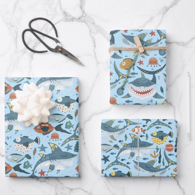 Trendy Sharks Theme Under The Sea Birthday Decor Wrapping Paper Sheet (Front)