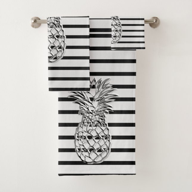 Trendy Silver and Black Striped Silver Pineapple  Bath Towel Set (Insitu)