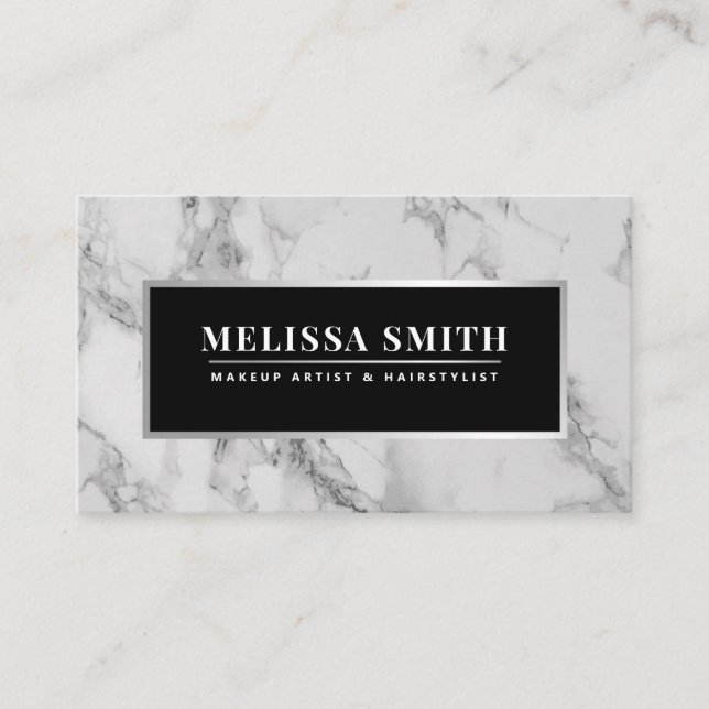 Trendy Silver and Marble Makeup Artist Hair Salon Business Card (Front)