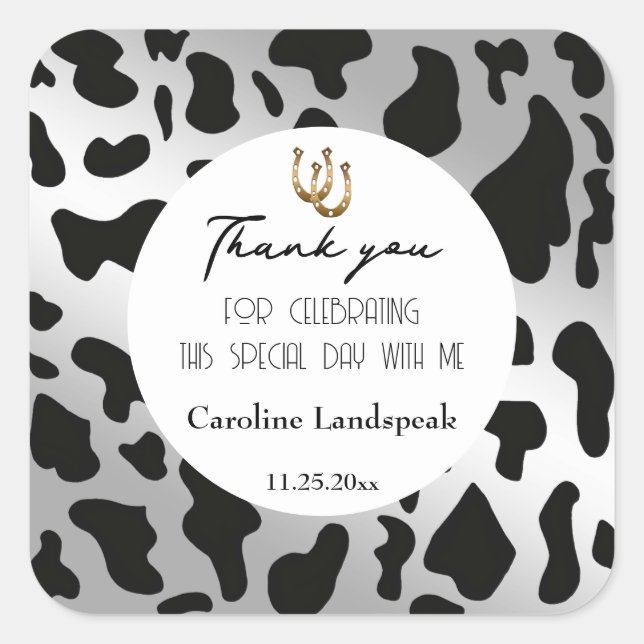 Trendy Silver Black Cow Spots Thank You Square Sticker (Front)